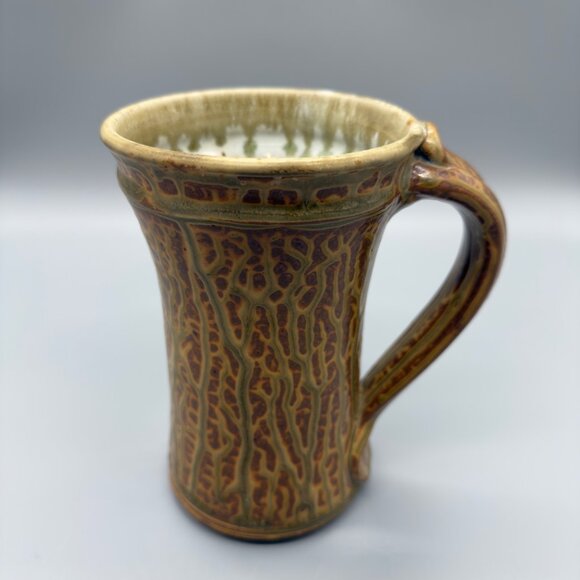Handmade Studio Pottery Large Mug Textured Bark Glaze Artisan Stoneware 16oz - Picture 2 of 8